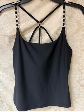 CARBON 38 Black Strappy Back Silver Chain Rings Top Size S